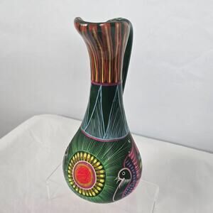 Mexican Terra Cotta Pottery Pitcher Vibrant Colorful Bird Hand Painted 12" x 7"